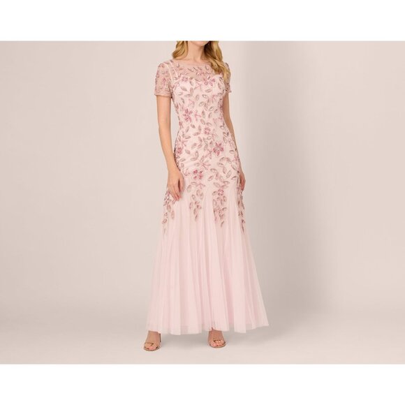 Adrianna Papell Womens Floral Beaded Formal Dress Gown Blush Pink Size 14 NWT - Picture 1 of 8